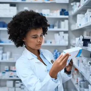 black female pharmacist looking for medication
